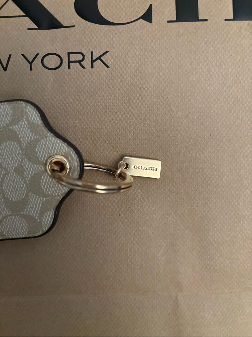 Coach Beige Signature Pattern Key Tag with Gold Hardware - Picture 3 of 3